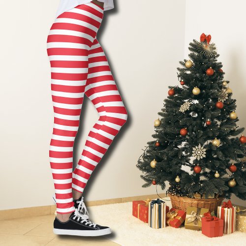 Candy Cane Red and White Simple Horizontal Striped Leggings