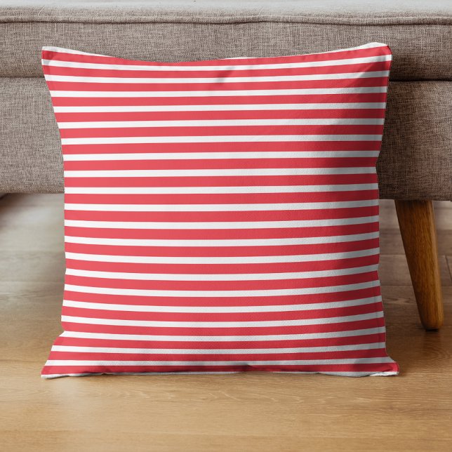 Candy Cane Red and White Simple Horizontal Striped Throw Pillow (Creator Uploaded)