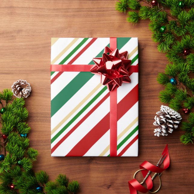 Candy Cane Red, Gold, Green and White Stripes Wrapping Paper (Holiday Gift)
