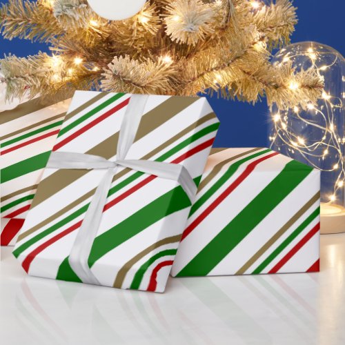 Candy Cane Red Green Gold and White Stripes Wrapping Paper