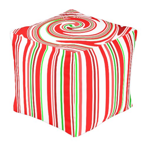 Candy Cane Red Green White Stripes Happy Holiday Pouf