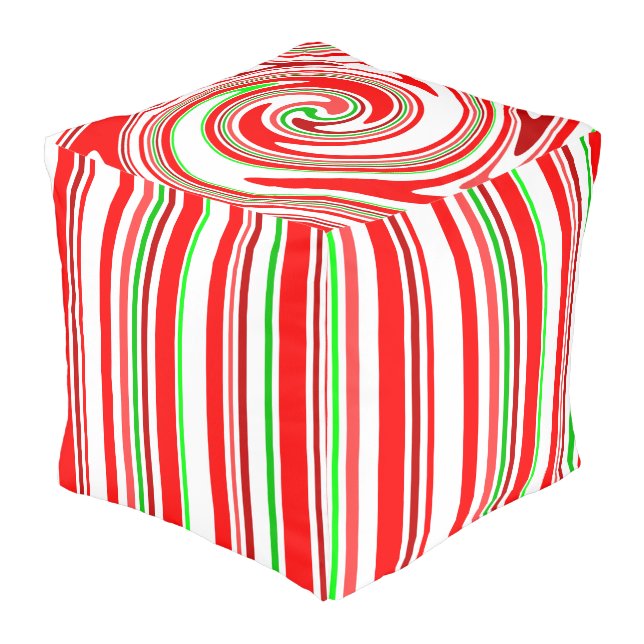 Candy Cane Red Green White Stripes Happy Holiday Pouf (Angled Front)