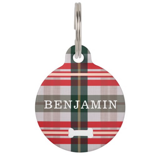 Candy Cane Red Plaid Pattern Dog Bone  Monogram Pet ID Tag