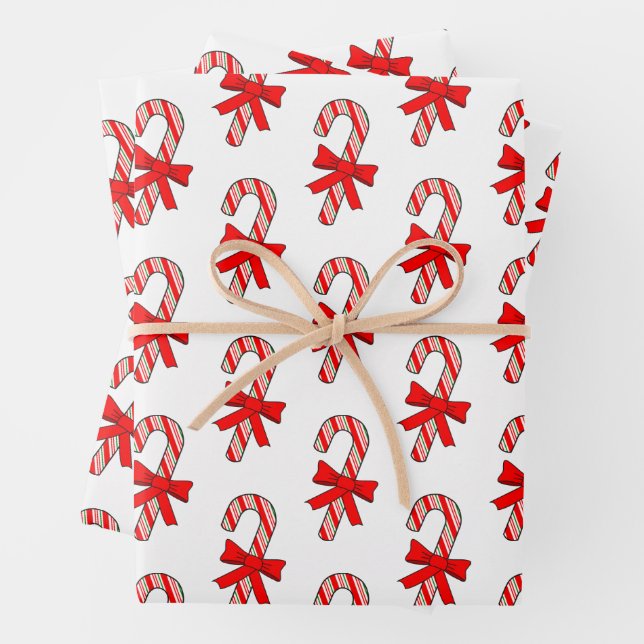 Candy Cane Red Ribbons Drawings Christmas Wrapping Paper Sheets (In situ)