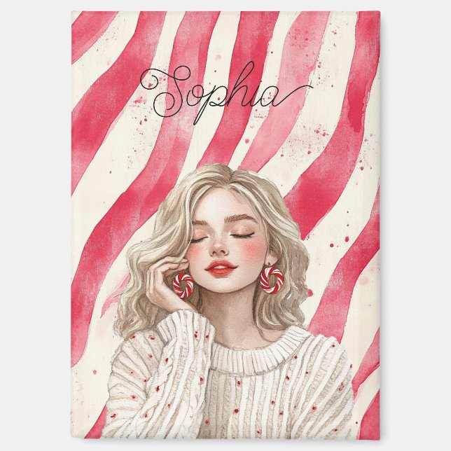 Candy Cane Red Stripes Blond Girl Magnet (Front)