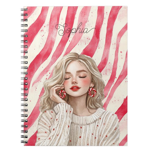 Candy Cane Red Stripes Blond Girl Notebook (Front)