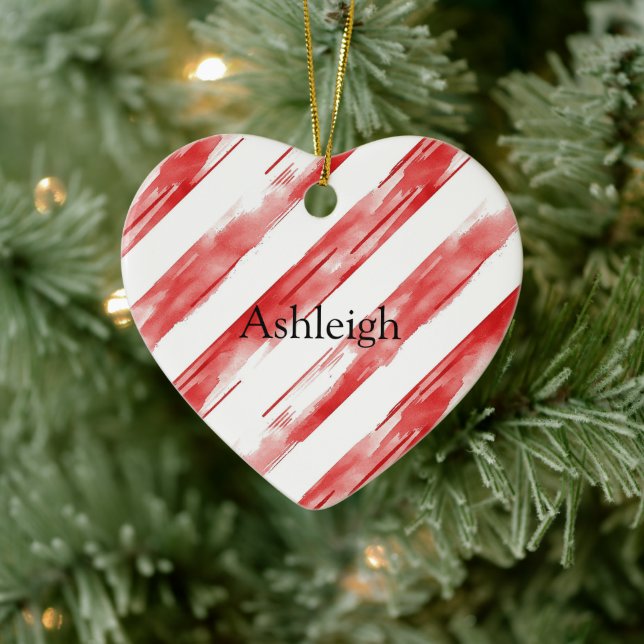 Candy Cane Red Stripes Christmas Ceramic Ornament (Tree)
