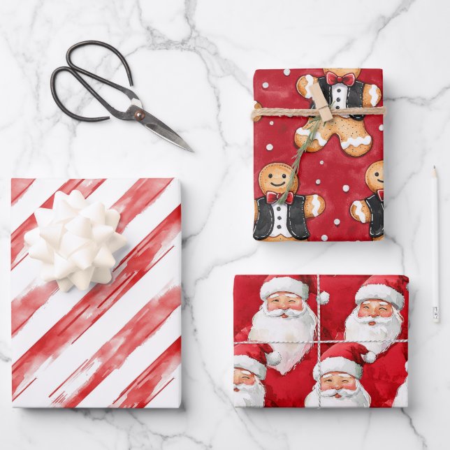 Candy Cane Red Stripes Santa Christmas Wrapping Paper Sheets (Front)