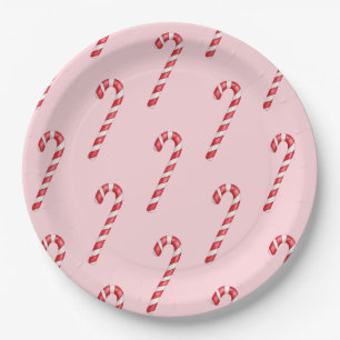 Candy cane red white stripes on pink watercolor  paper plates