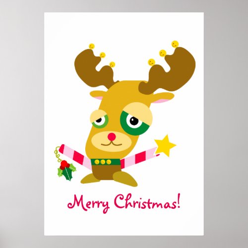 Candy Cane Reindeer Christmas Cartoon Poster