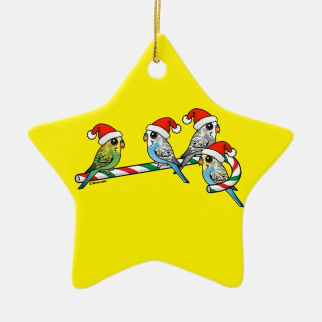 Candy Cane Santa Budgies Ceramic Ornament (Front)