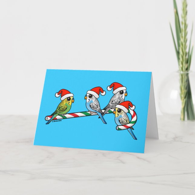 Candy Cane Santa Budgies Holiday Card (Front)