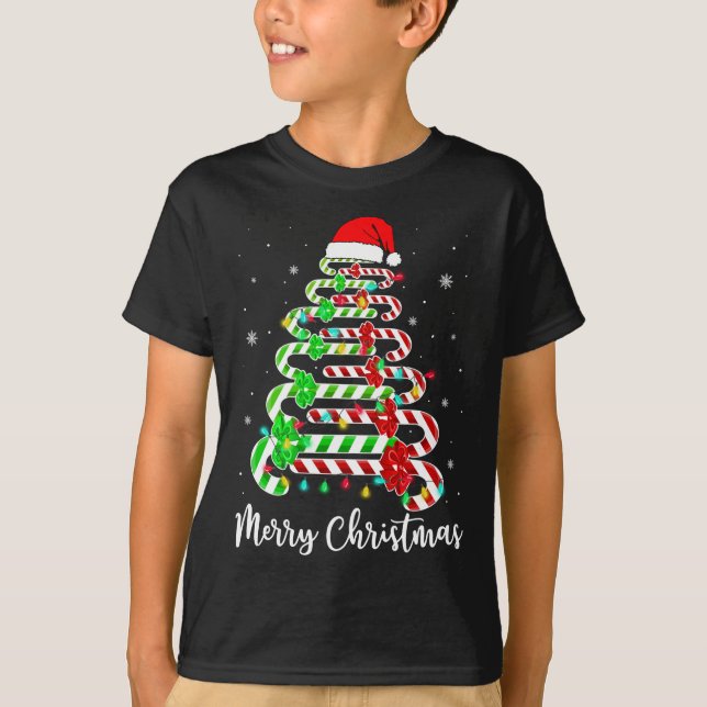 Candy Cane Santa Hat Funny Xmas Tree Merry Christm T-Shirt (Front)