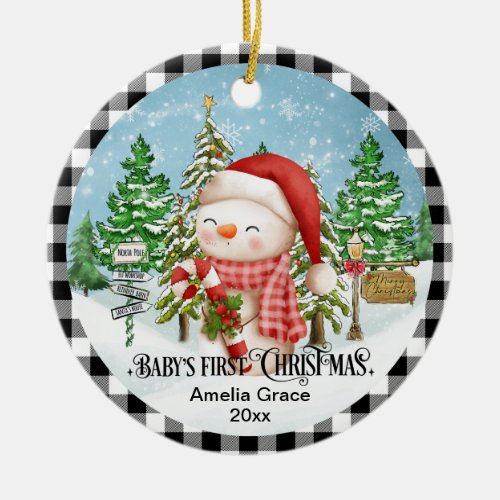 Candy Cane Snowman Babys First Christmas Ceramic Ornament