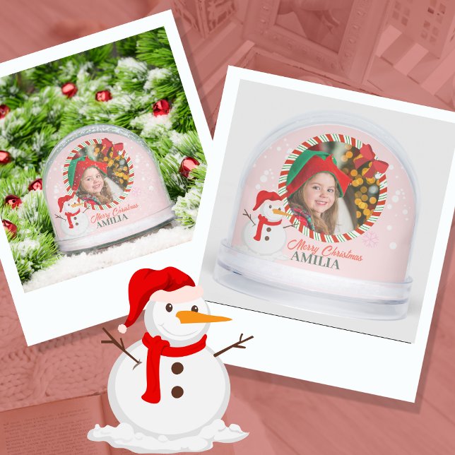 Candy Cane Snowman Photo Bow Christmas Kids Snow Globe (Candy Cane Snowman Photo Bow Christmas Kids Snow Globe celebration holiday accents  baby's first )