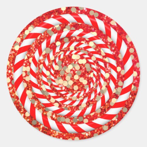 Candy Cane Spiral Gold Glitter Christmas Classic Round Sticker