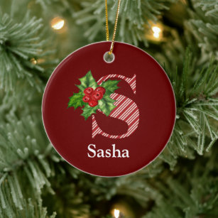 Candy Cane Stripe and Holly S Monogram   Ceramic Ornament