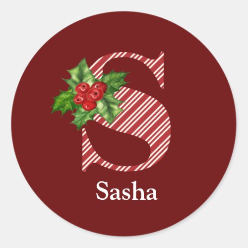 Candy Cane Stripe and Holly S Monogram  Classic Round Sticker