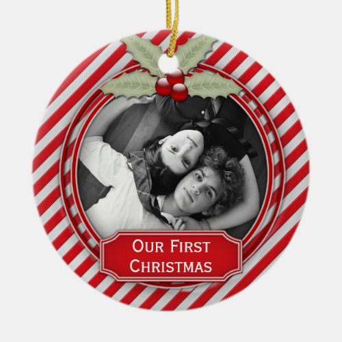 Candy Cane Stripe Holly 1st Christmas Together  Ceramic Ornament