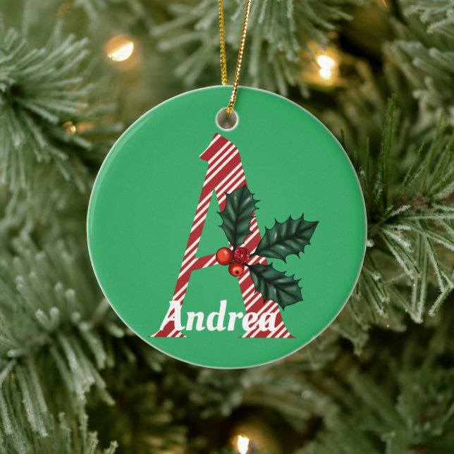 Candy Cane Stripe Letter A Large Christmas  Ceramic Ornament (Tree)