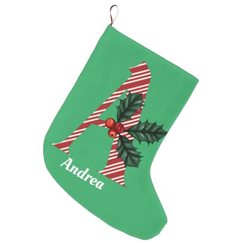 Candy Cane Stripe Letter A Large Christmas Stocking