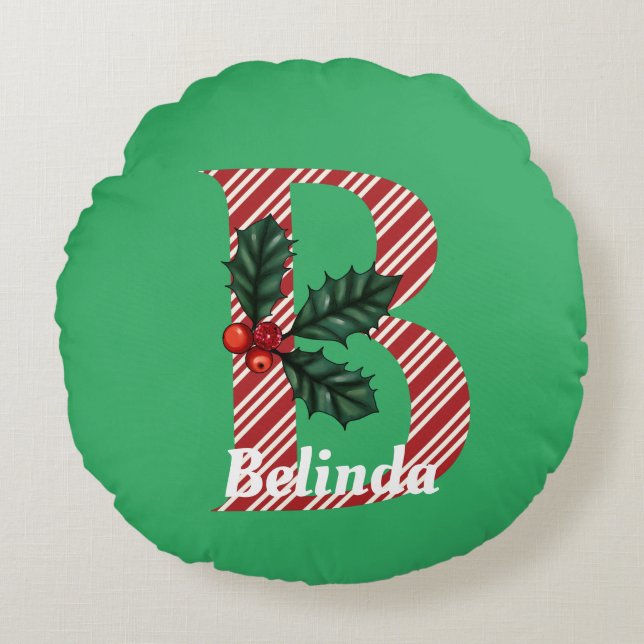 Candy Cane Stripe Letter B Large Christmas Round Pillow (Front)