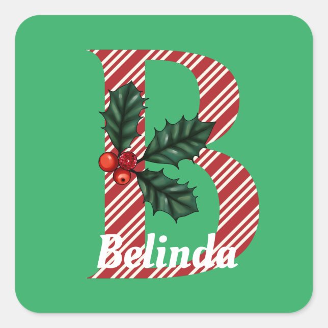 Candy Cane Stripe Letter B Large Christmas  Square Sticker (Front)
