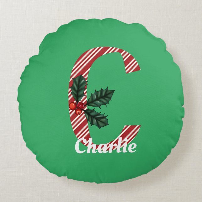 Candy Cane Stripe Letter C Large Christmas  Round Pillow (Front)