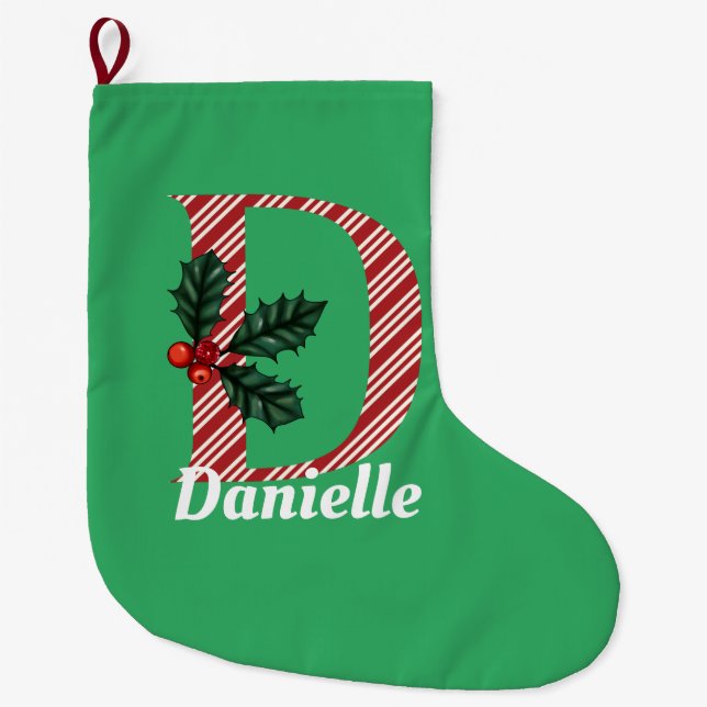 Candy Cane Stripe Letter D Large Christmas  Large Christmas Stocking (Front)