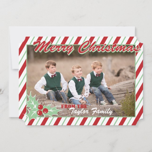 Candy Cane Stripe Personalize Christmas Photo Card (Front)