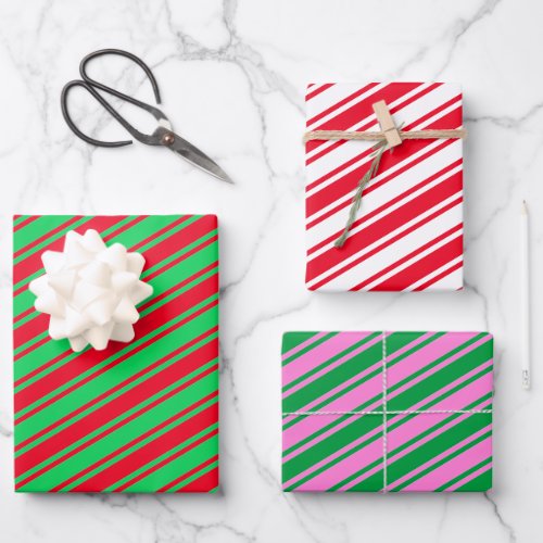 Candy Cane Stripe Red Green Pink Christmas Wrapping Paper Sheets