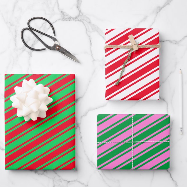 Candy Cane Stripe Red Green Pink Christmas Wrapping Paper Sheets (Front)
