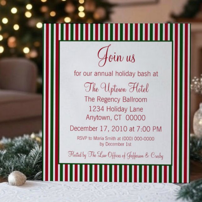Candy Cane Striped Holiday Party Invitation (Candy Cane Striped Holiday Party Invitation)