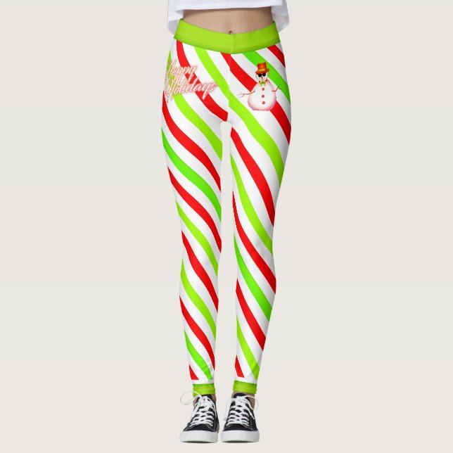 Candy Cane Striped Merry and Bright Snowman Leggings (Front)