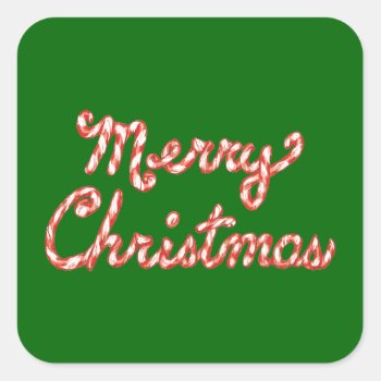 Candy Cane Striped Merry Christmas Square Sticker by gingerbreadwishes at Zazzle