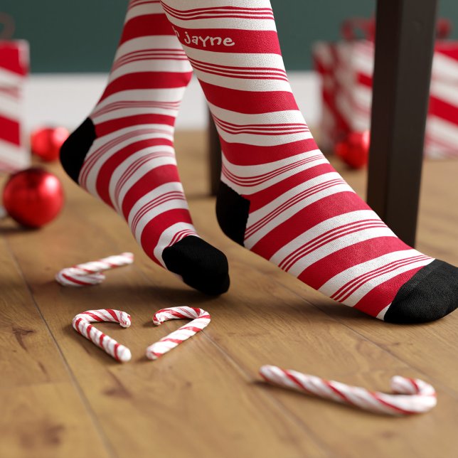 Candy Cane Striped Red and White Christmas Holiday Socks (Fun and festive candy cane socks sweet enough to eat. Add your name (don't eat the socks please))