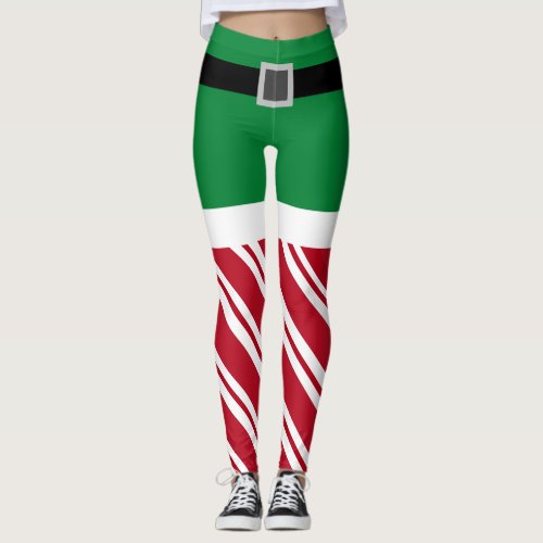 Candy Cane Striped Thigh Socks Green Elf With Belt Leggings