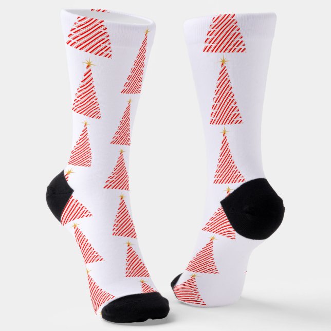 Candy Cane Striped Tree Christmas Socks (Angled)