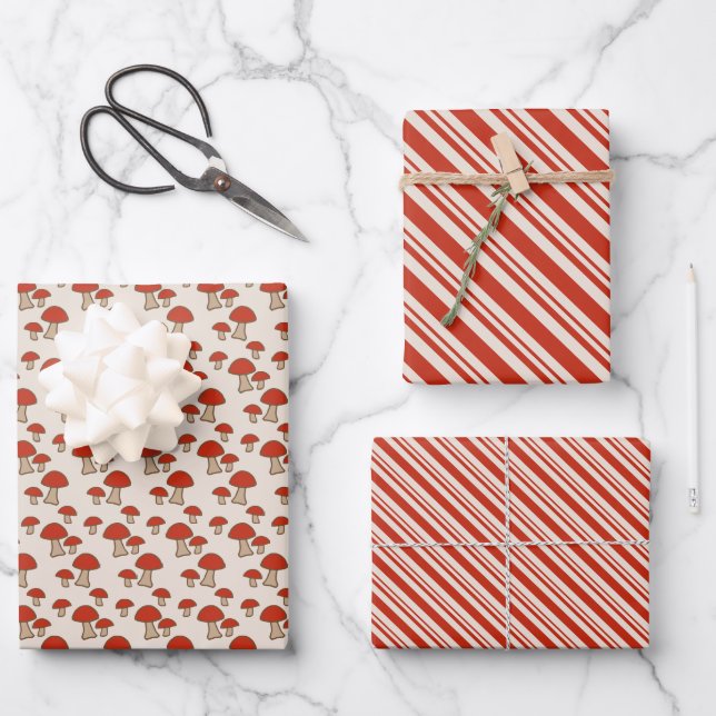 Candy Cane Stripes and Mushrooms Wrapping Paper Sheets (Front)