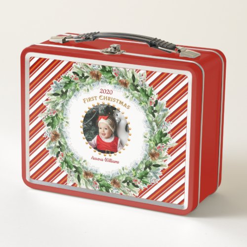 Candy Cane Stripes Babyâs First Christmas Photo Metal Lunch Box