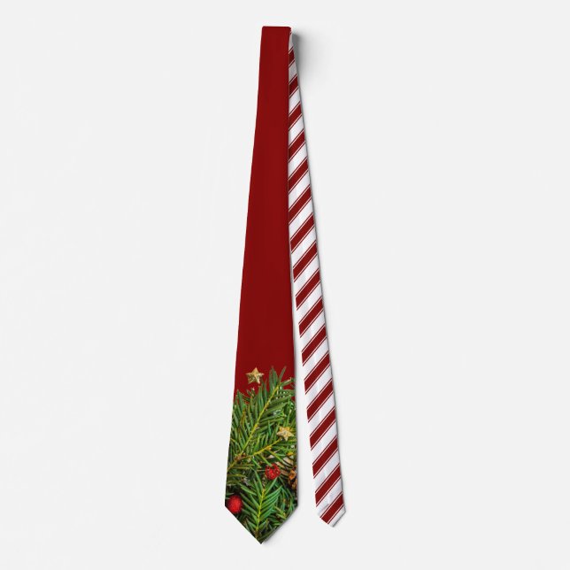 Candy Cane Stripes Christmas Pine Needles Neck Tie (Front)
