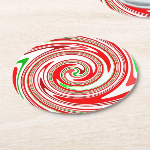 Candy Cane Stripes Christmas Red White Green Round Paper Coaster