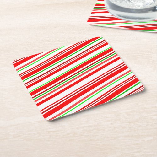 Candy Cane Stripes Christmas Red White Green Square Paper Coaster