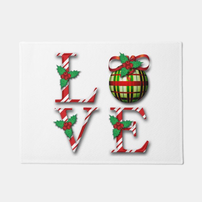 Candy Cane Stripes Holly Berries Love Christmas  Doormat (Front)