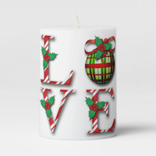 Candy Cane Stripes Holly Berries Love Christmas Pillar Candle