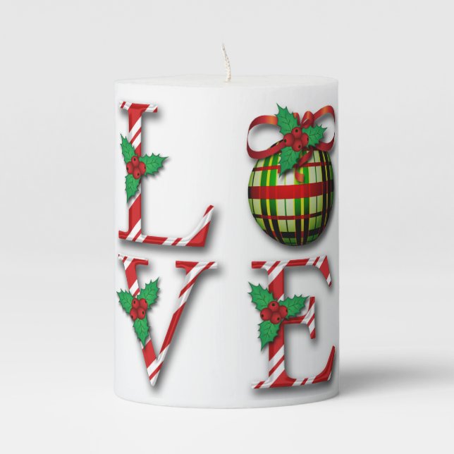 Candy Cane Stripes Holly Berries Love Christmas  Pillar Candle (Front)