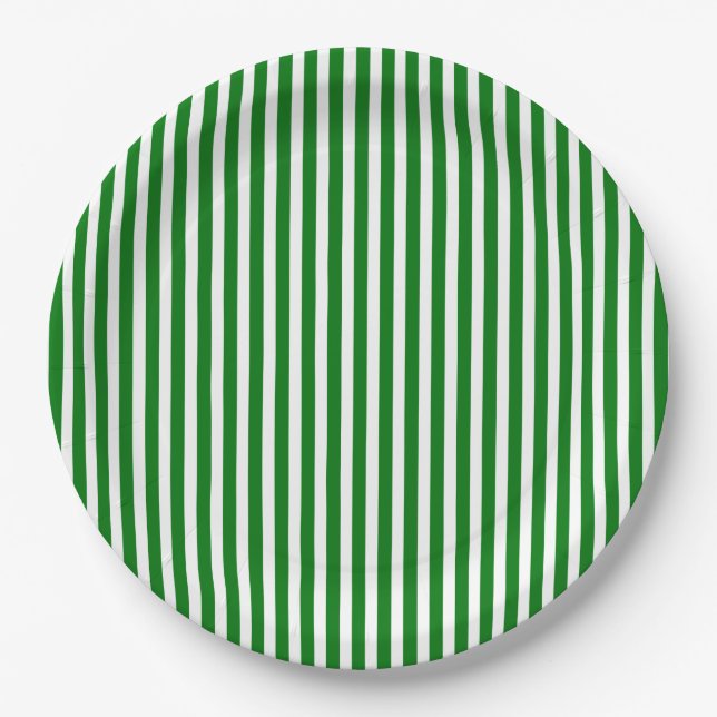 Candy Cane Stripes in Christmas Green & Snow White Paper Plates (Front)