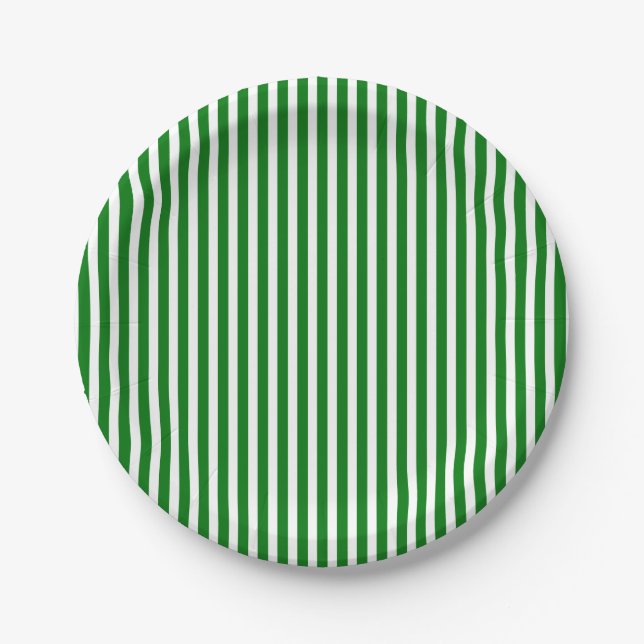 Candy Cane Stripes in Christmas Green & Snow White Paper Plates (Front)