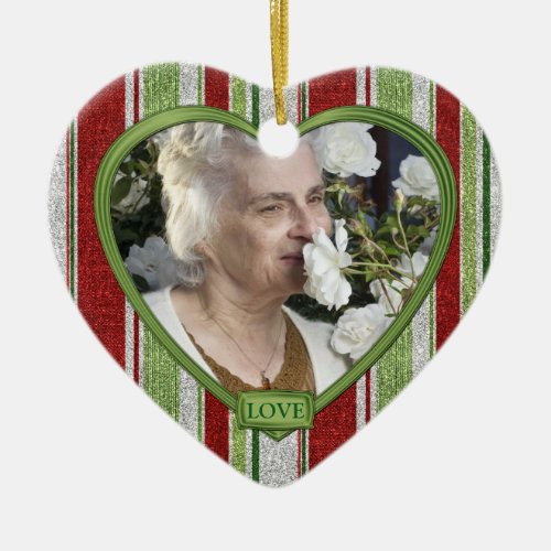 Candy Cane Stripes Memorial Heart Photo Christmas Ceramic Ornament