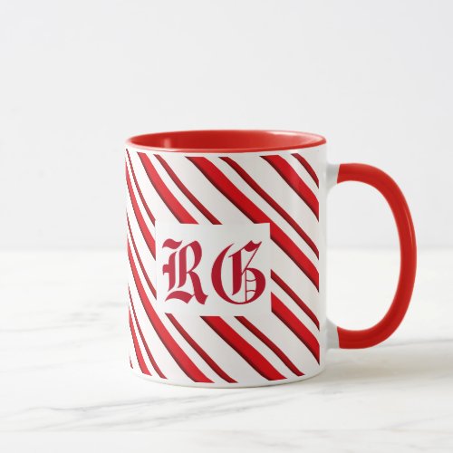 Candy Cane Stripes Monogram Red and White Mug